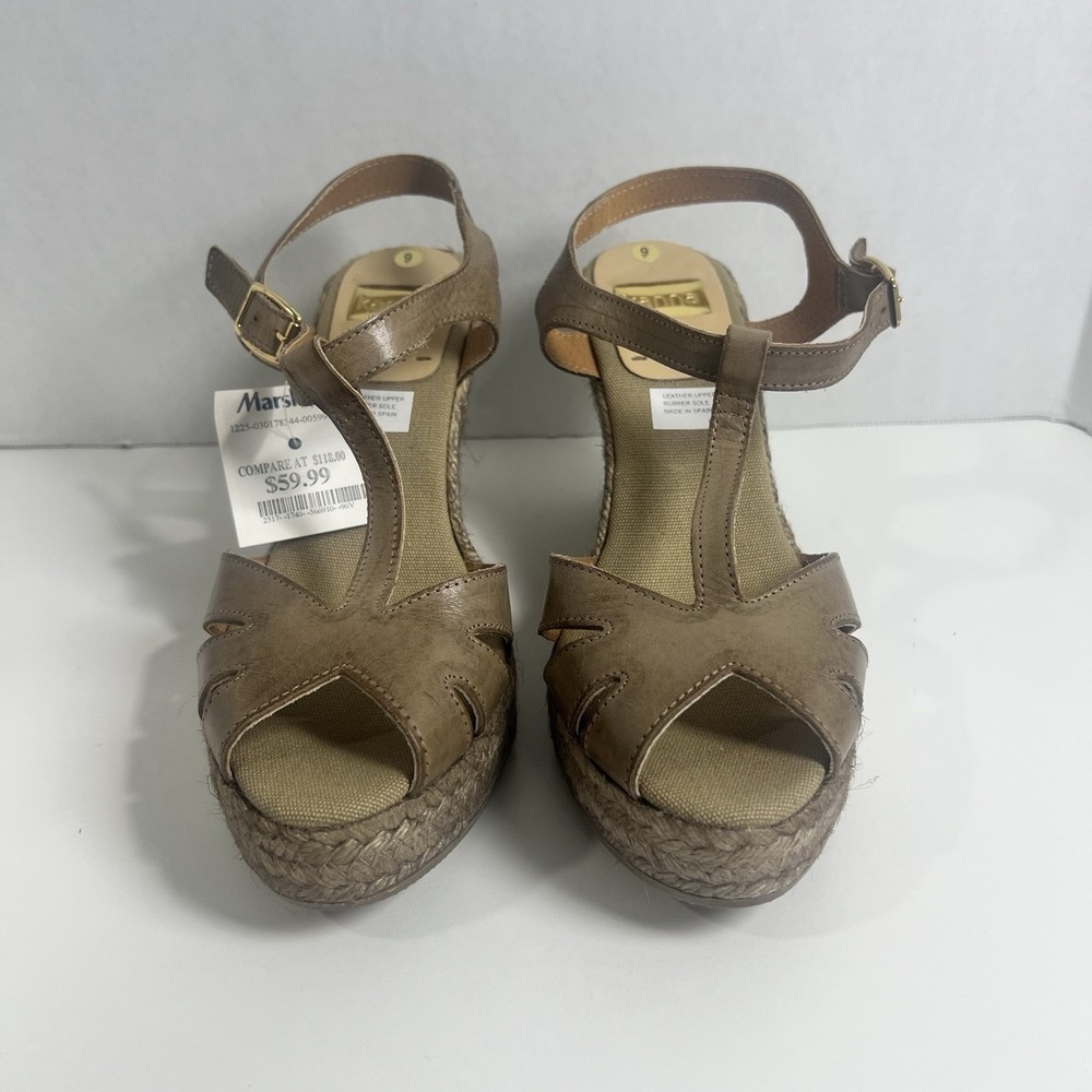 KANNA Women Brown Leather T-Strap Espadrille Wedge Sandals KV1519 Size 9 EU 39
